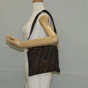 FENDI Zucca Canvas Mamma Baguette Shoulder Bag Black Brown gold Auth 145885V